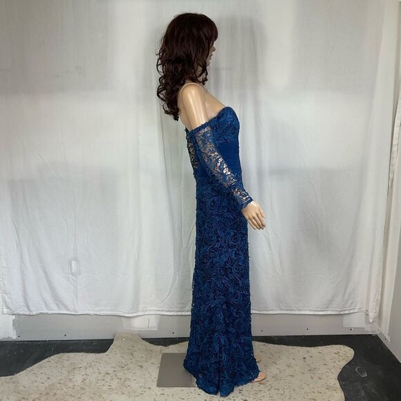 Julie Polanco Blue Floral Lace Off Shoulder Sweetheart Neck Evening Maxi Gown M - Picture 5 of 11